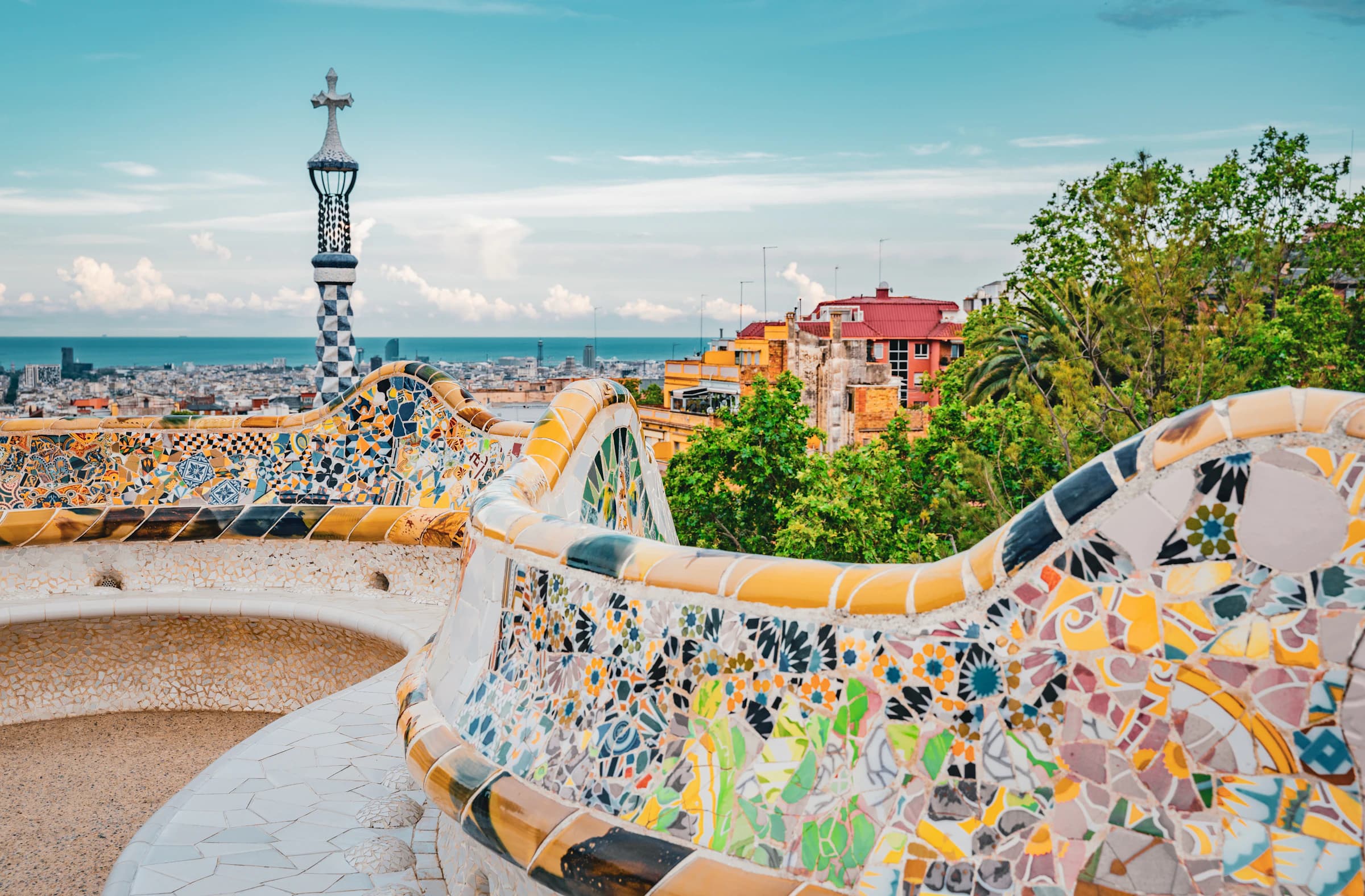 Park Güell mosaic terrace overlooking Barcelona